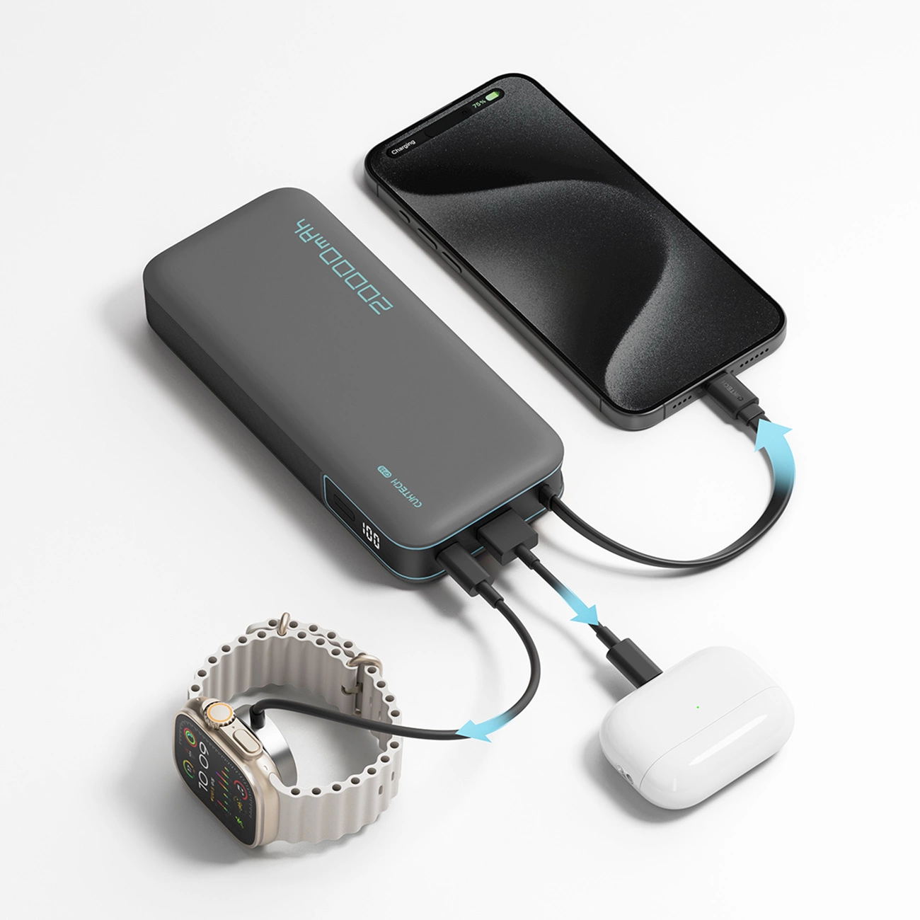 Cuktech External Battery, 20000mAh, 55W, QC + PD, 1 x USB-A - 2 x USB-C, Gray CUKP200NGLDG