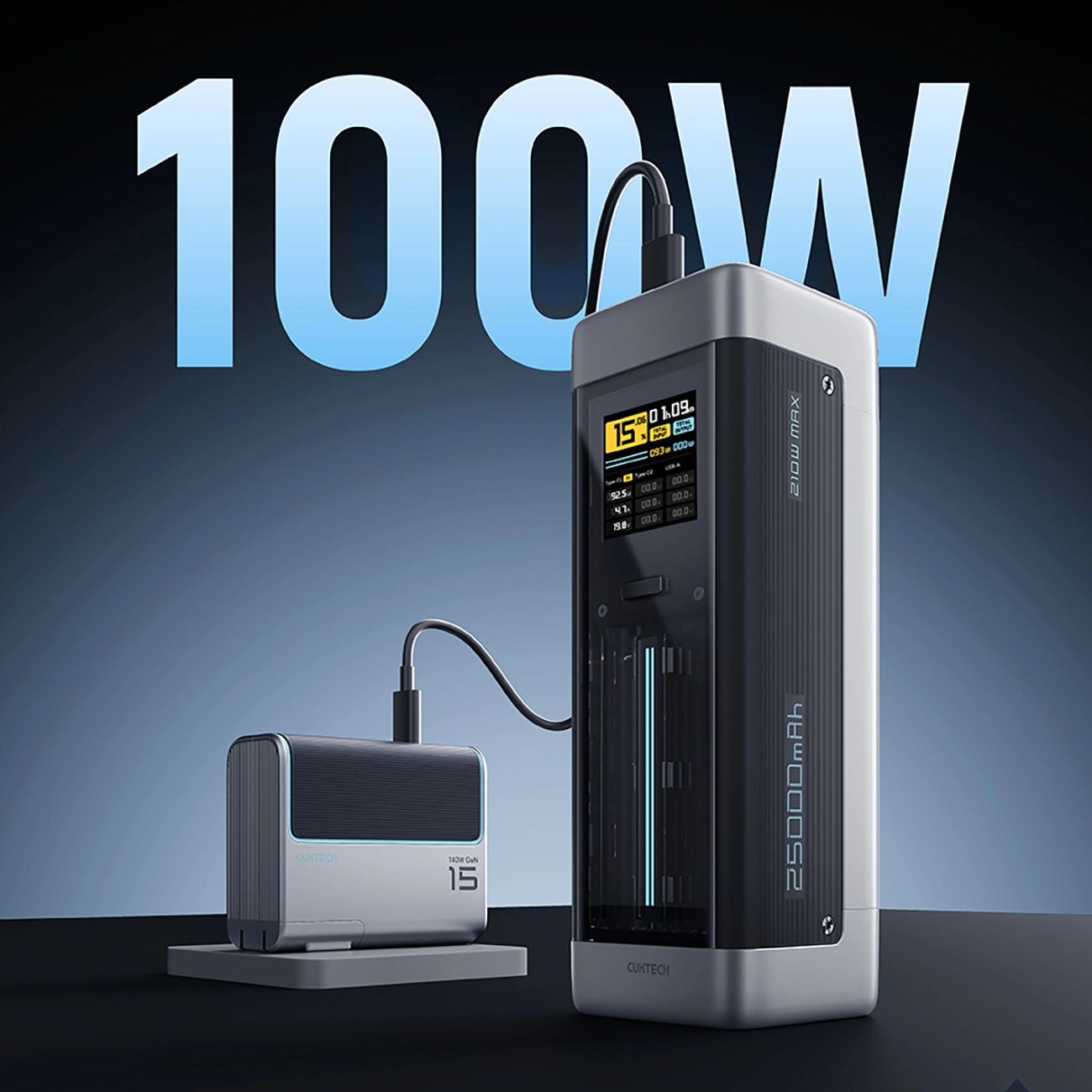 Cuktech External Battery, 25000mAh, 210W, QC + PD, 1 x USB-A - 2 x USB-C, Black CUK00P23GLBK