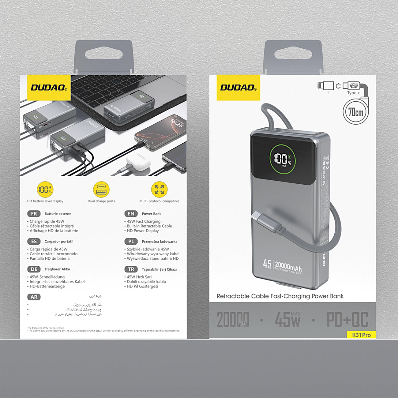 Dudao K31 Pro External Battery, 20000mAh, 45W, QC + PD, 1 x USB-A - 2 x USB-C, Gray