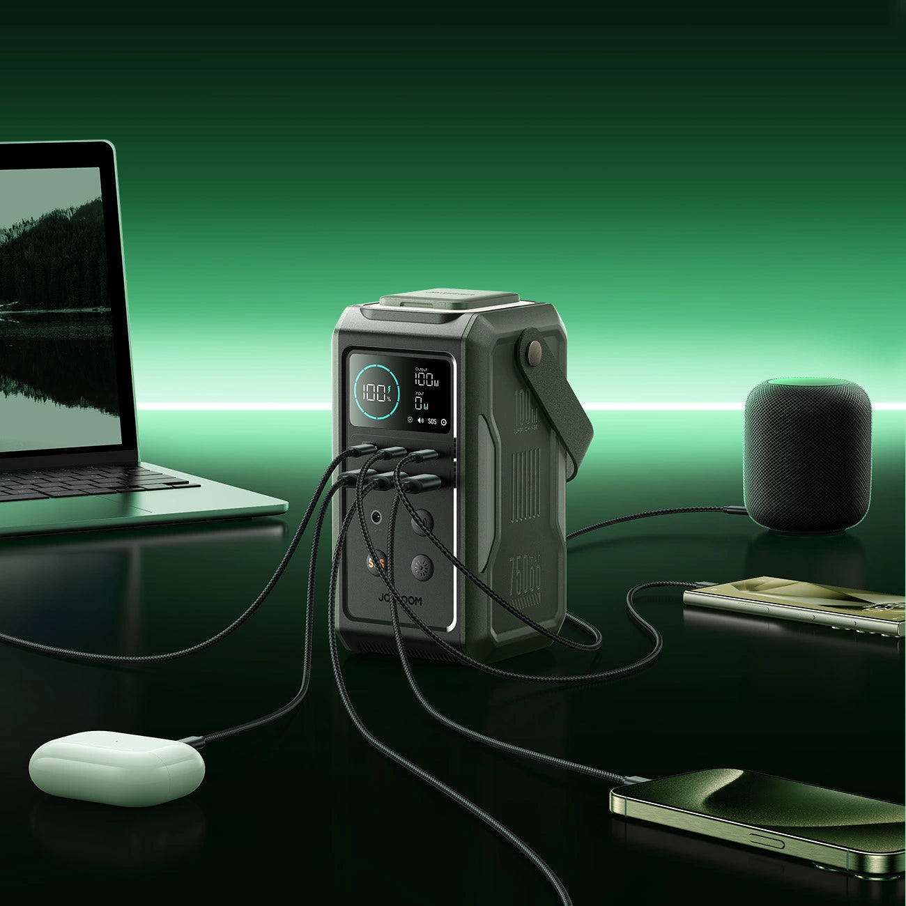 Joyroom JR-PBF10 External Battery, 75000mAh, 100W, QC + PD, 3 x USB-A - 3 x USB-C, Green
