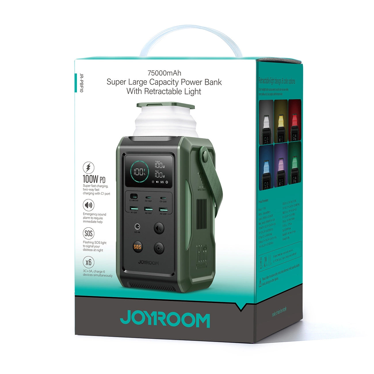 Joyroom JR-PBF10 External Battery, 75000mAh, 100W, QC + PD, 3 x USB-A - 3 x USB-C, Green