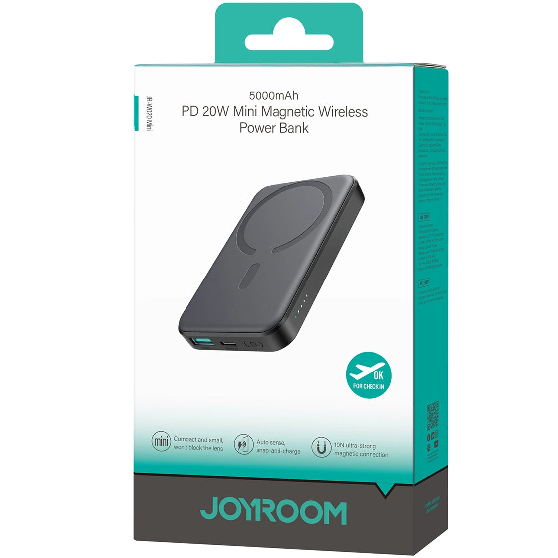 Joyroom JR-W020 MagSafe External Battery, 5000mAh, 20W, QC + PD + FQI, 1 x QI - 1 x USB-A - 1 x USB-C, Black