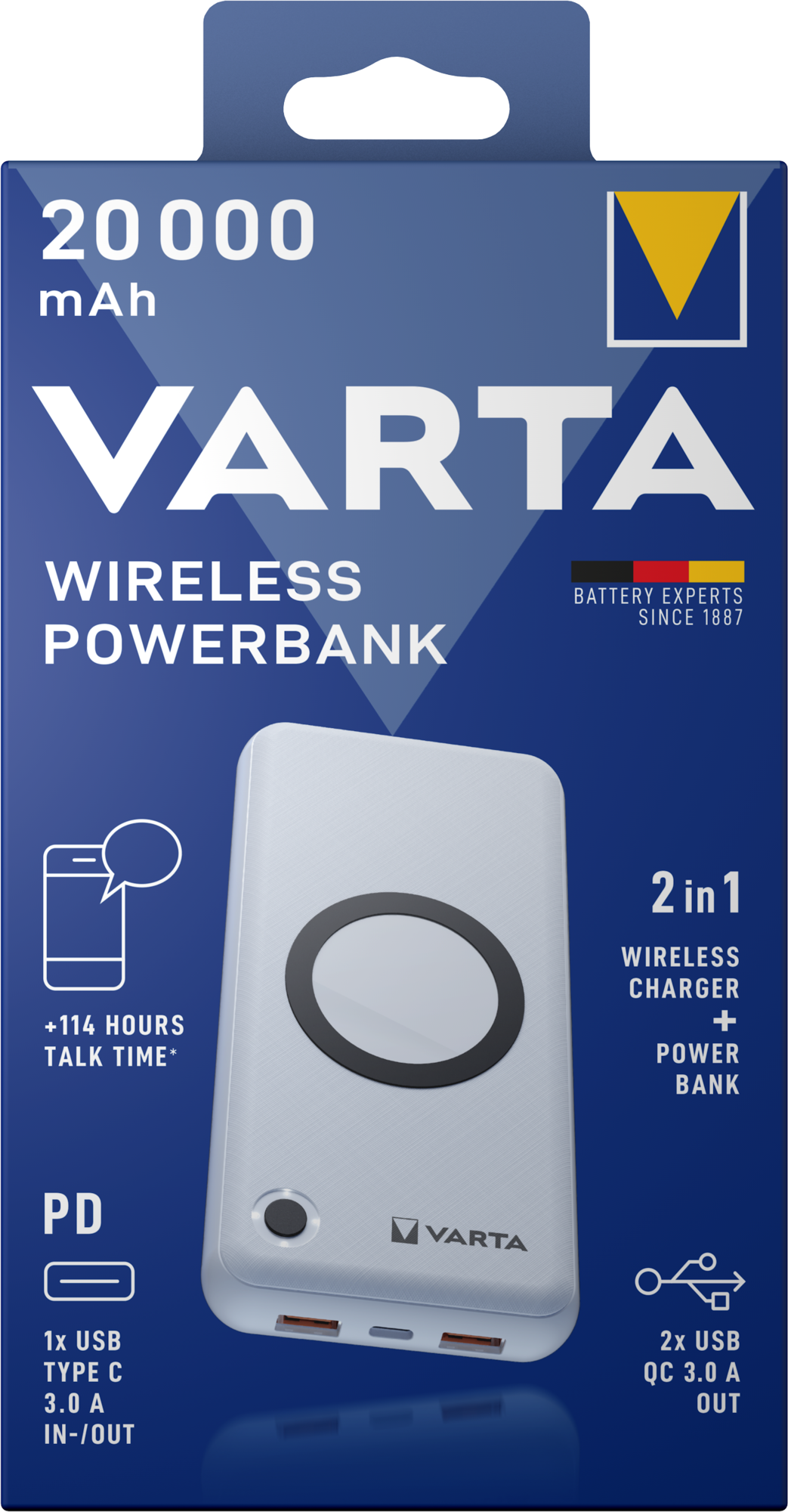 Varta Energy Wireless External Battery, 20000mAh, 18W, QC + PD + FQI, 1 x QI - 1 x USB-C - 2 x USB-A, White