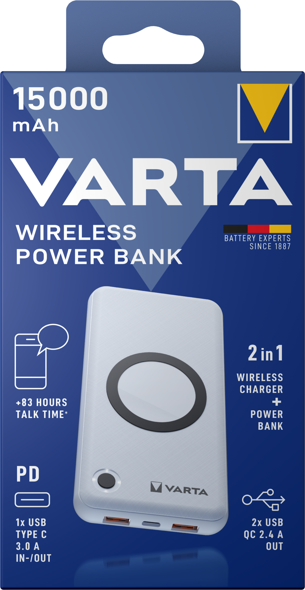 Varta Energy Wireless External Battery, 15000mAh, 18W, QC + PD + FQI, 1 x QI - 1 x USB-C - 2 x USB-A, White