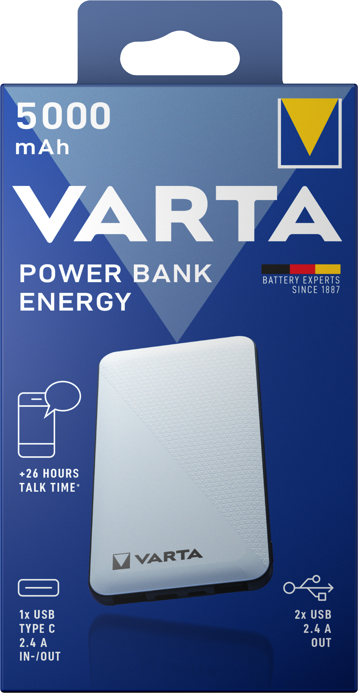 Varta Energy External Battery, 5000mAh, 15W, 2 x USB-A - 1 x USB-C, White