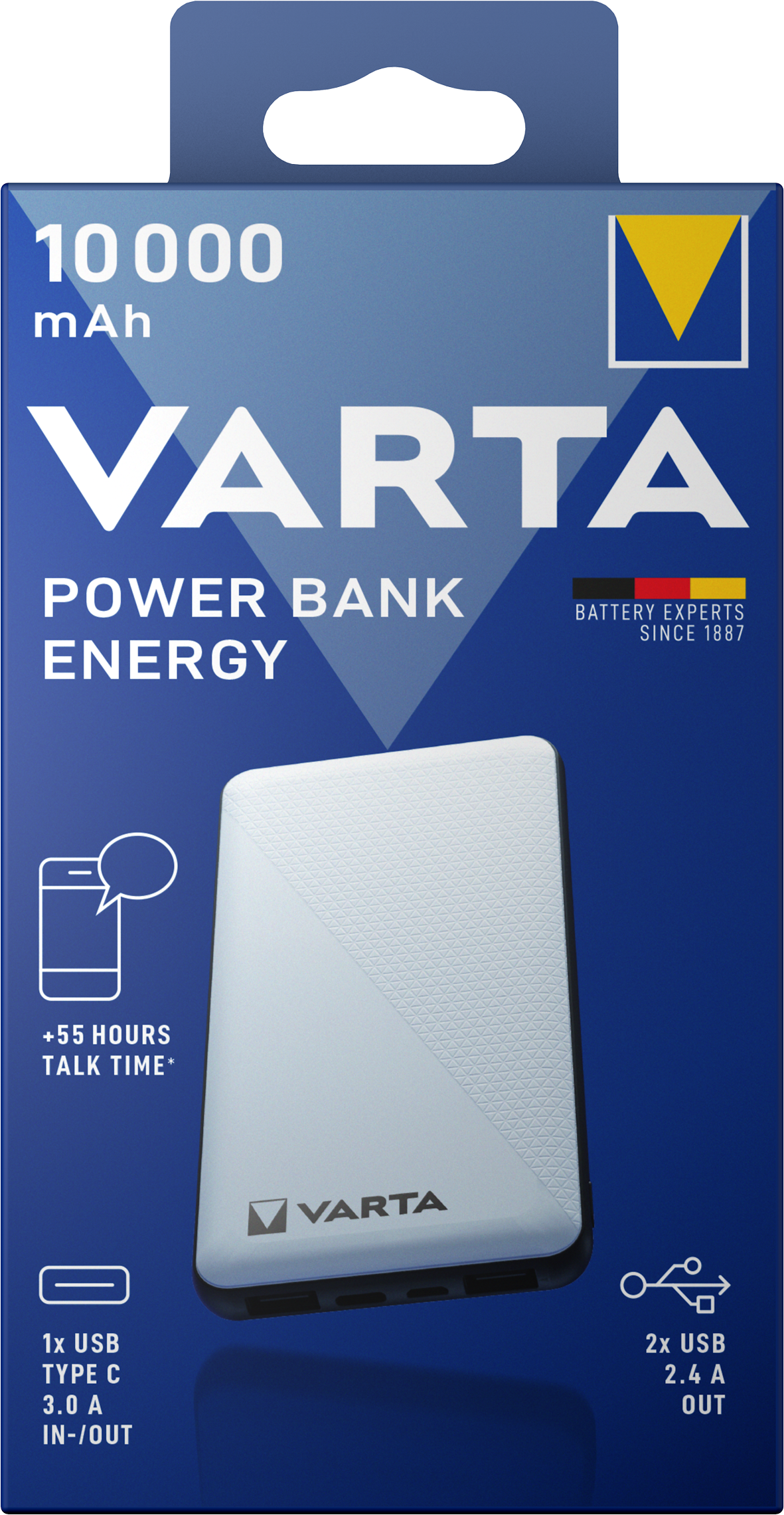 Varta Energy External Battery, 10000mAh, 15W, 2 x USB-A - 1 x USB-C, White