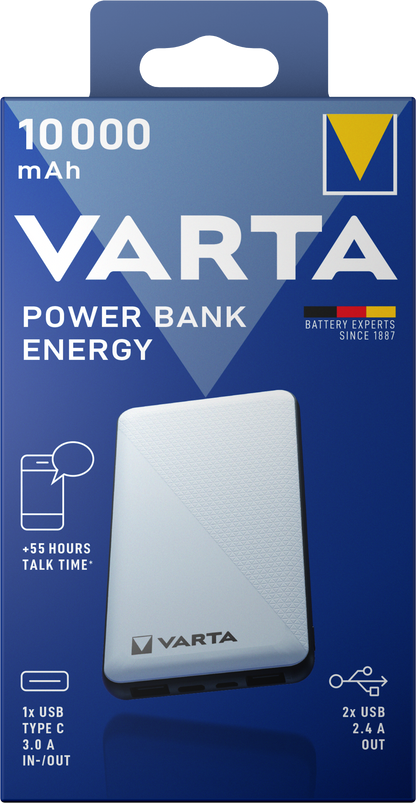 Varta Energy External Battery, 10000mAh, 15W, 2 x USB-A - 1 x USB-C, White