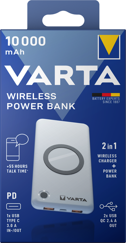 Varta Energy Wireless External Battery, 10000mAh, 18W, QC + PD + FQI, 1 x QI - 1 x USB-C - 2 x USB-A, White