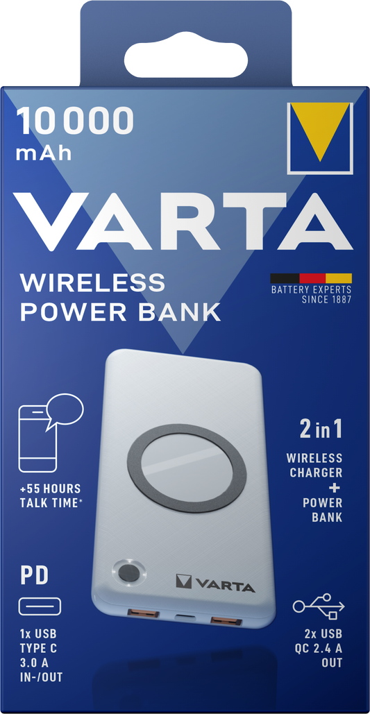 Varta Energy Wireless External Battery, 10000mAh, 18W, QC + PD + FQI, 1 x QI - 1 x USB-C - 2 x USB-A, White