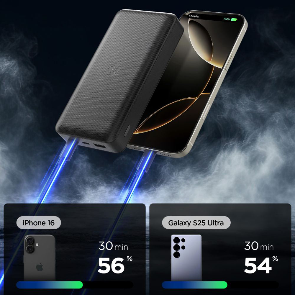 Spigen External Battery, 30000mAh, 30W, QC + PD, 1 x USB-A - 2 x USB-C, Black