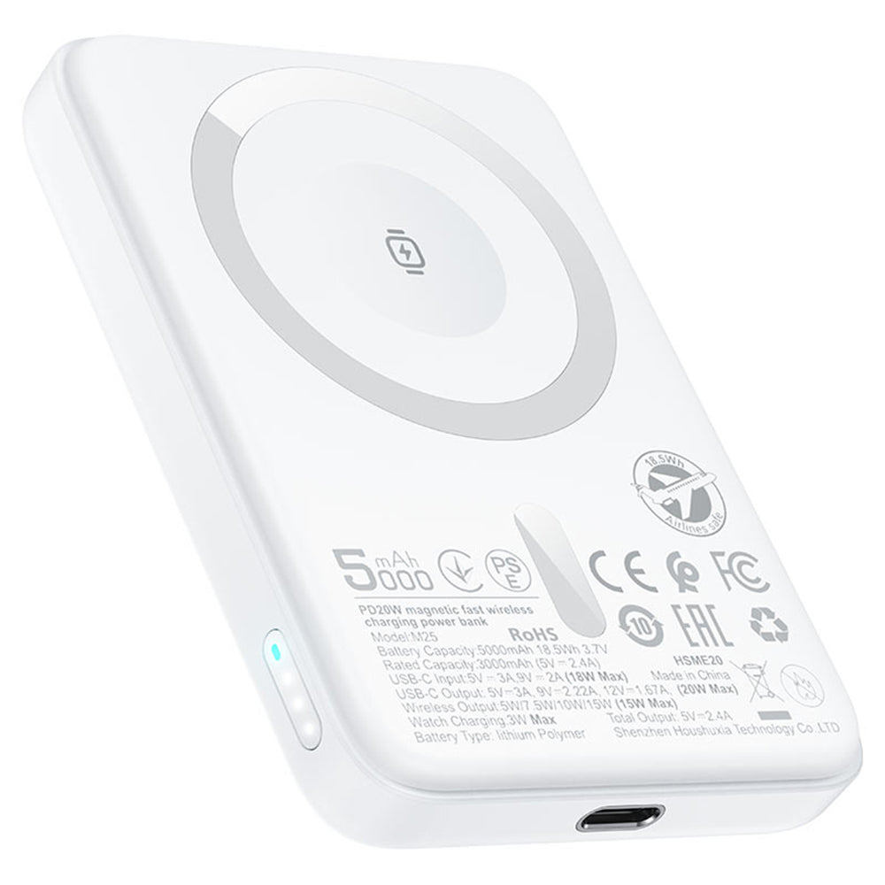 Acefast M25 Wireless External Battery, 5000mAh, 20W, PD + FQI, 1 x QI - 1 x USB-C, White