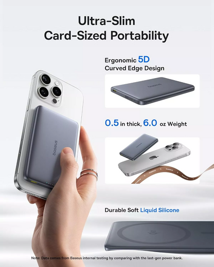 Baseus PicoGo AM41 Wireless External Battery, 10000mAh, 27W, PD + FQI, 1 x QI - 1 x USB-C, Gray E0027200