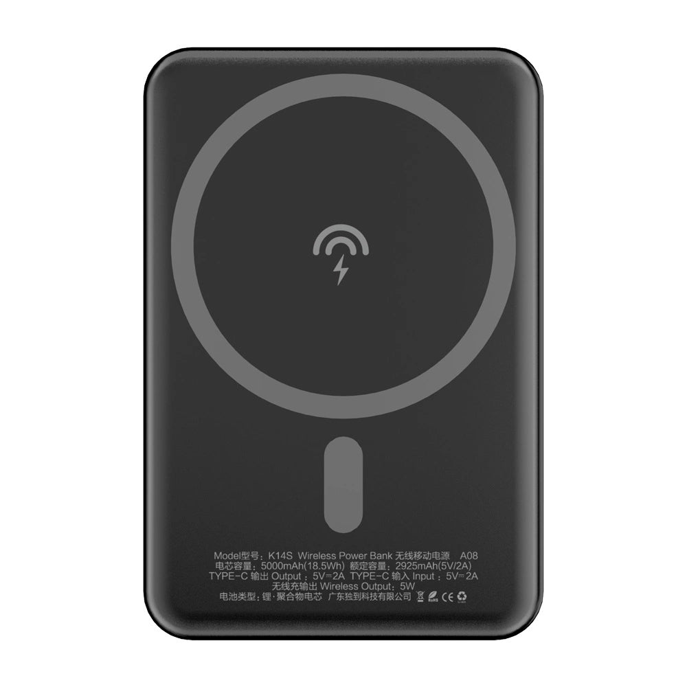 Dudao K14S Wireless External Battery, 5000mAh, 10W, PD + QI, 1 x QI - 1 x USB-C, Black