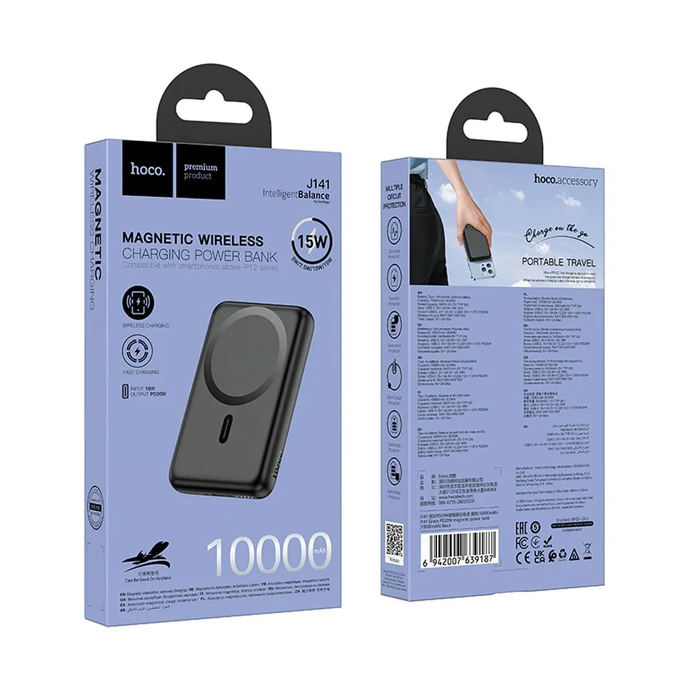 HOCO J141 Wireless External Battery, 10000mAh, 20W, PD + FQI, 1 x QI - 1 x USB-C, Black
