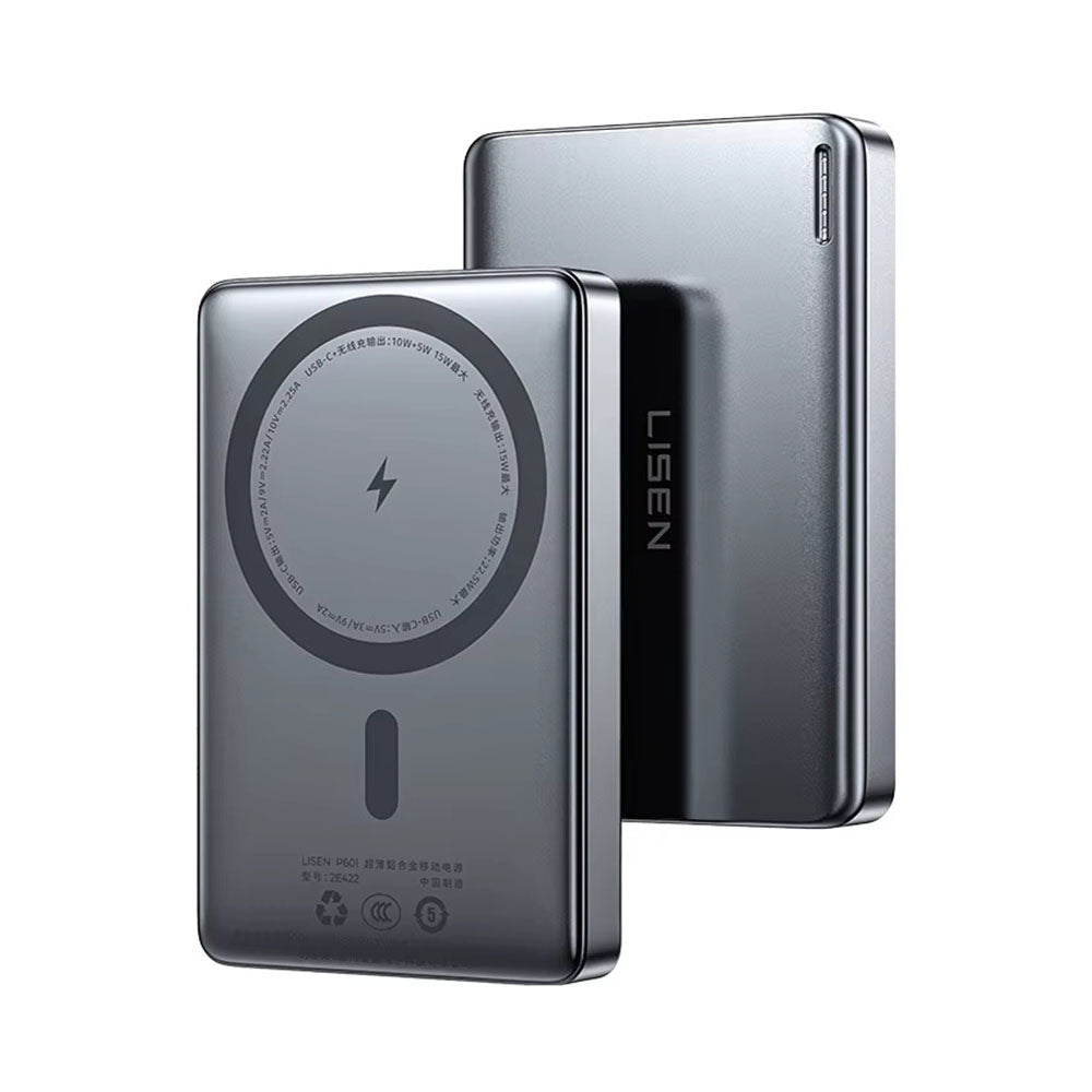 Lisen L601 Pro Wireless External Battery, 10000mAh, 27W, PD + FQI, 1 x QI - 1 x USB-C, Gray YL0325100009
