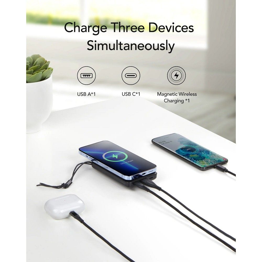 Veger VP1151 / W1151 Wireless External Battery, 10000mAh, 22.5W, QC + PD + FQI, 1 x QI - 1 x USB-A - 1 x USB-C, Black