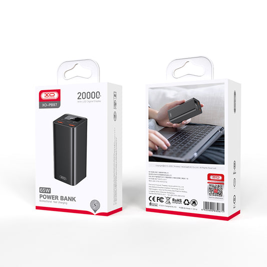 XO Design PB97 External Battery, 20000mAh, 65W, QC + PD, 2 x USB-A - 2 x USB-C, Black