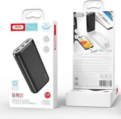 XO Design PR127 External Battery, 20000mAh, 22.5W, QC + PD, 1 x USB-C - 2 x USB-A, Black