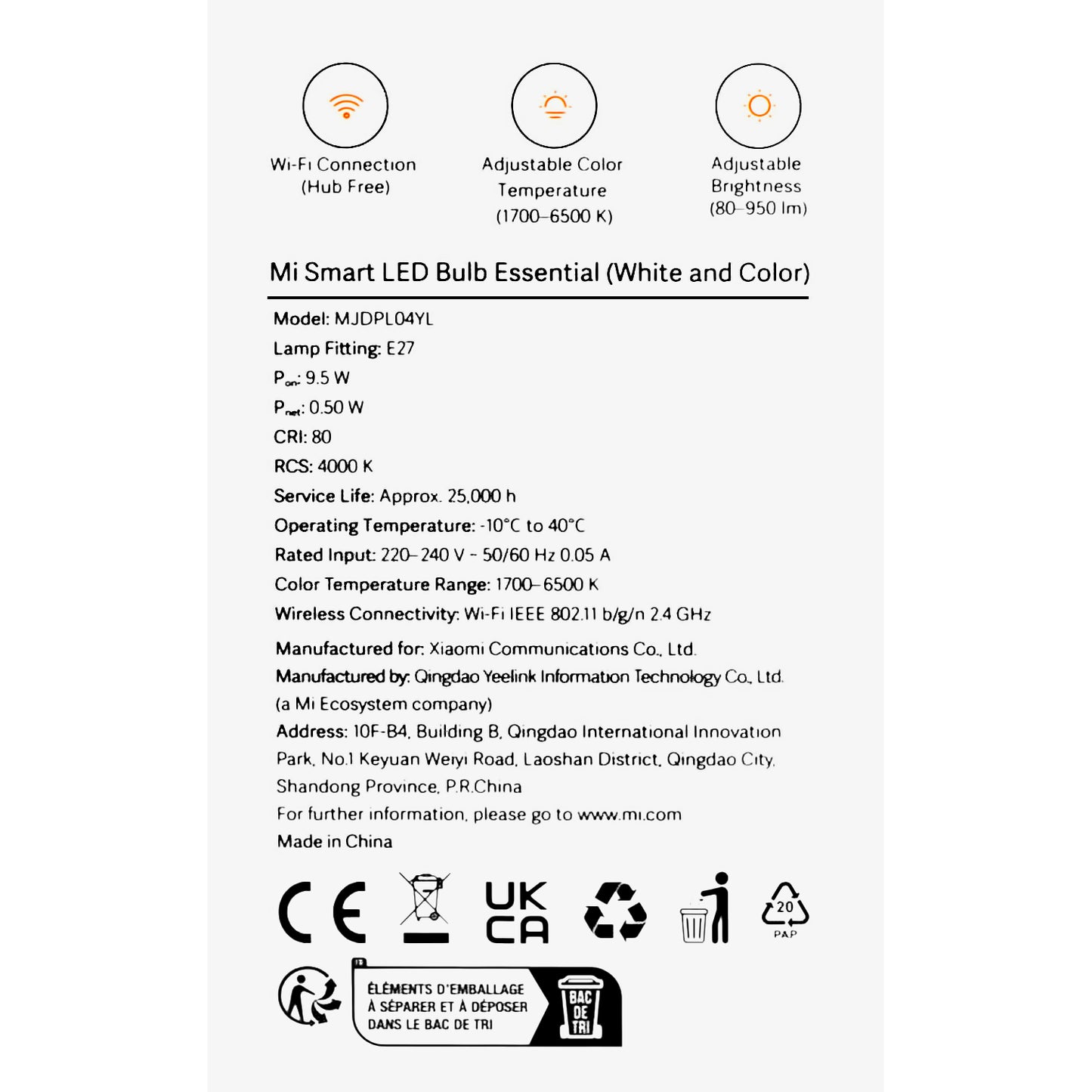 LED bulb Xiaomi Essential, Wi-Fi, E27, 9W, 1700K - 6500K, 950lm BHR5743EU