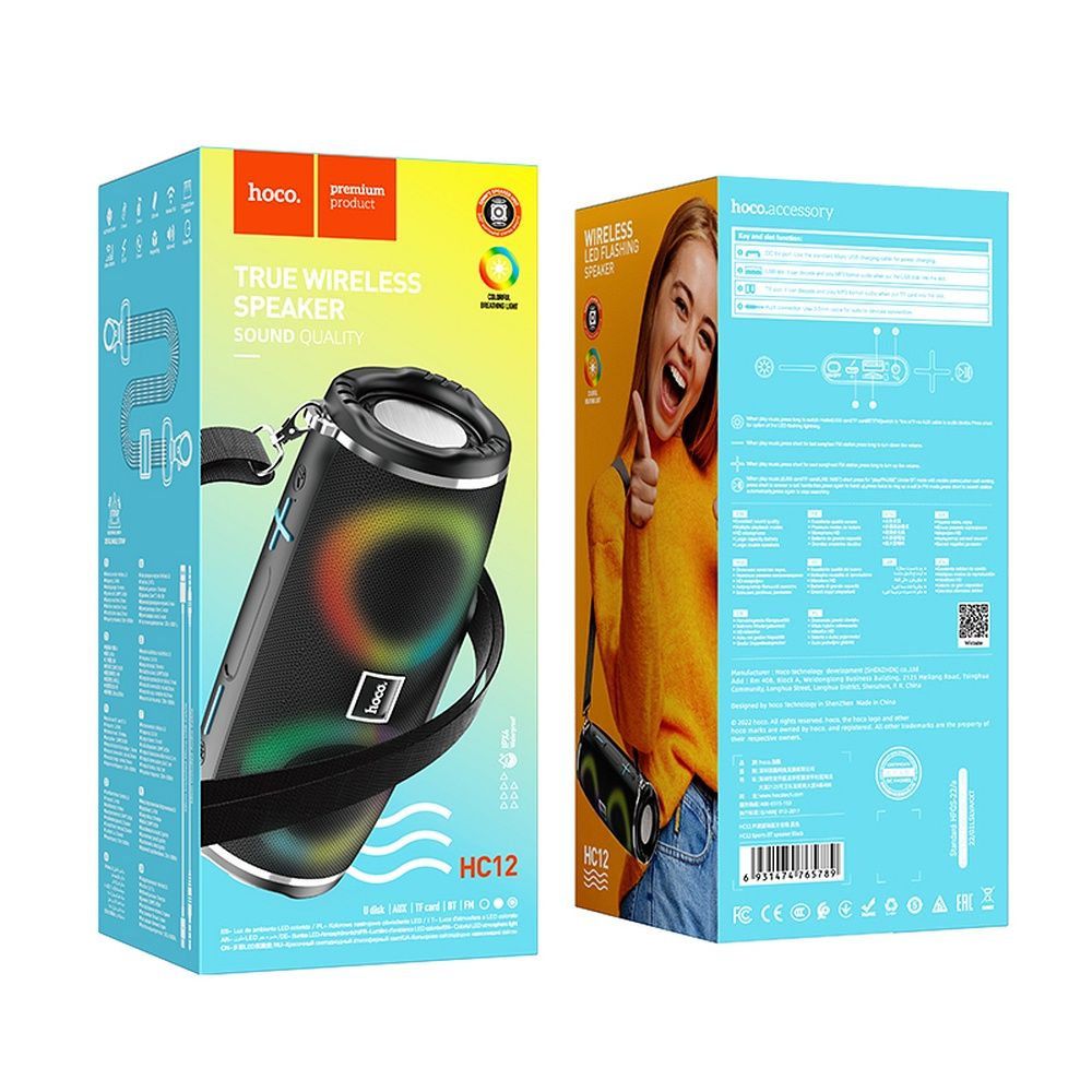 HOCO HC12 Portable Bluetooth Speaker, 10W, RGB, Waterproof, Black