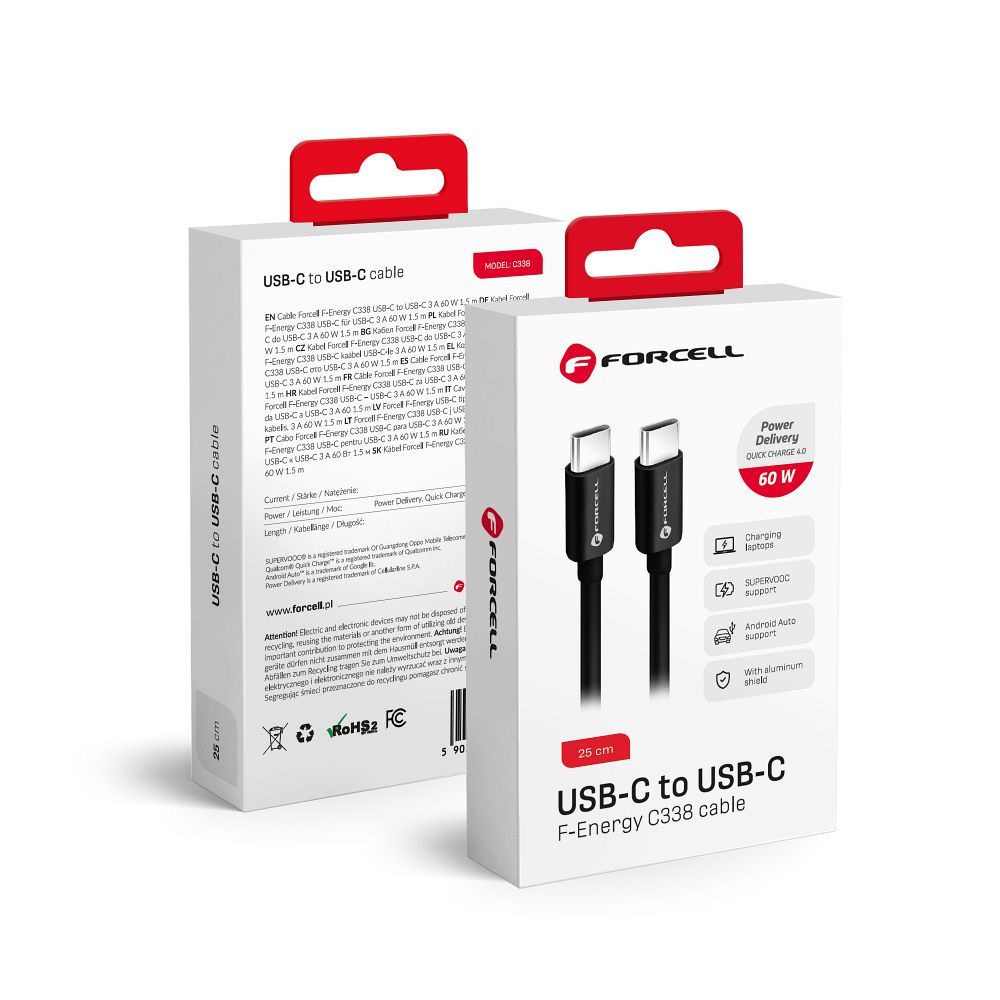 USB-C - USB-C Forcell C338 Data and Charging Cable, 60W, 0.25m, Black