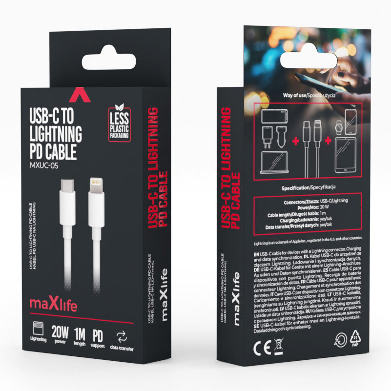 USB-C to Lightning Data and Charging Cable MaXlife MXUC-05, 20W, 1m, White