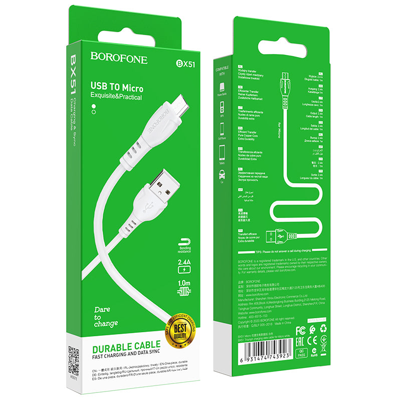 Data and Charging Cable USB-A - microUSB Borofone BX51 Triumph MP, 18W, 1m, White 