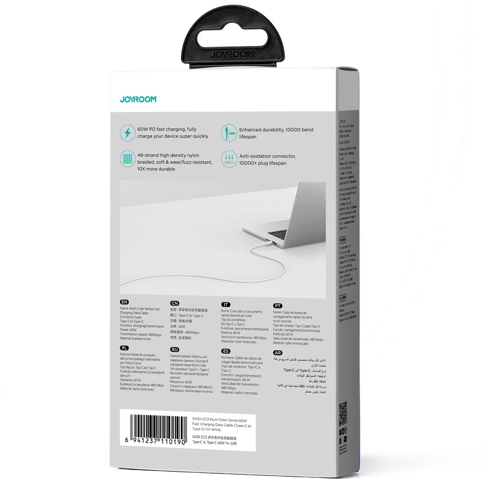 USB-C Data and Charging Cable - USB-C Joyroom Multi-Color S-A34, 60W, 1m, White