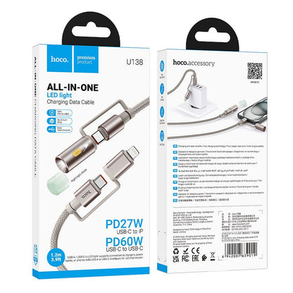 USB-C / Lightning Data and Charging Cable - USB-C / LED HOCO U138, 60W, 1.2m, Gray