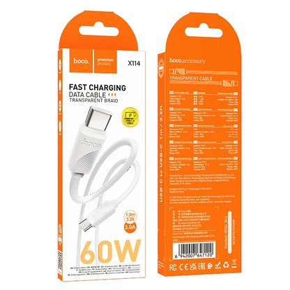 USB-C Data and Charging Cable - USB-C HOCO X114, 60W, 1m, White