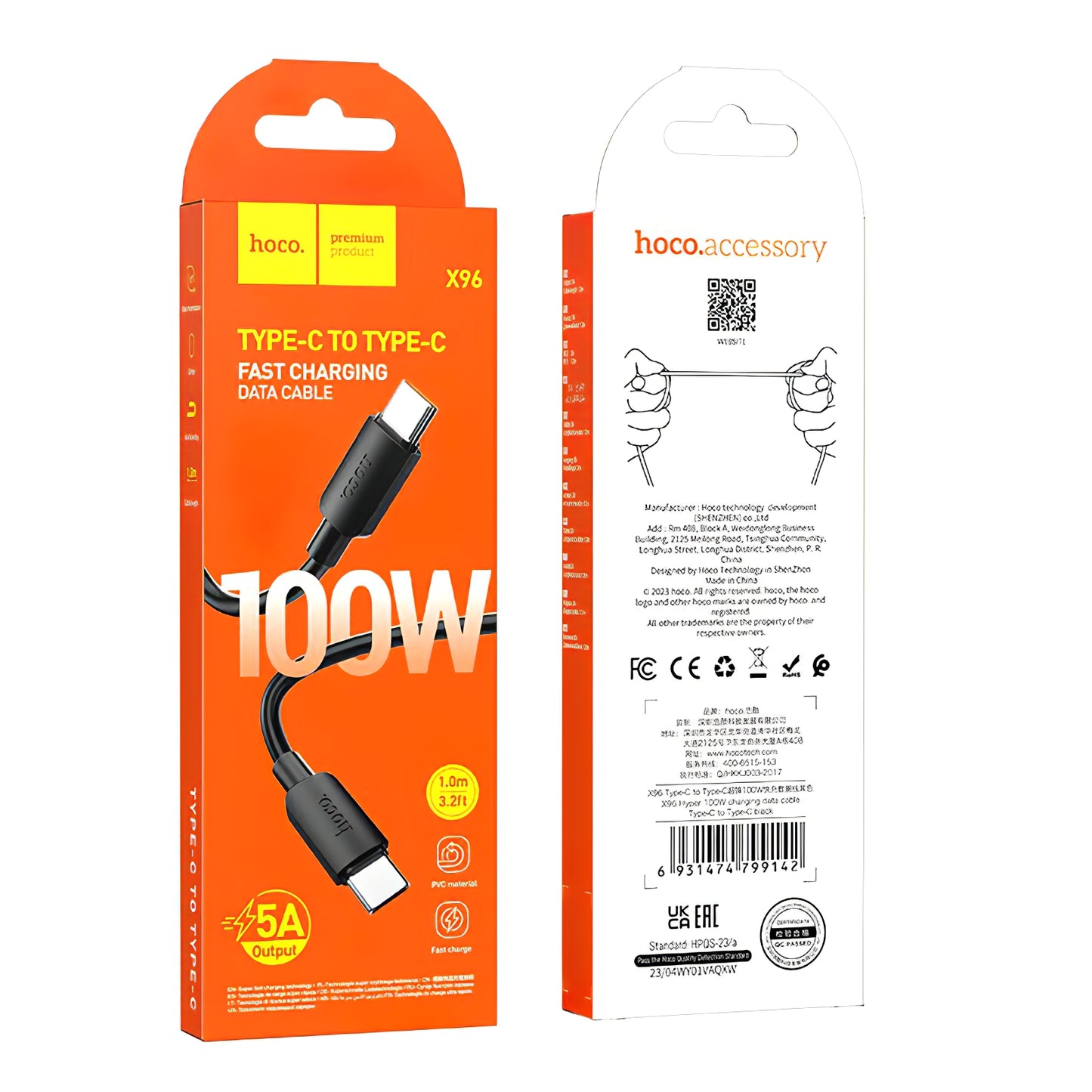 USB-C Data and Charging Cable - USB-C HOCO X96, 100W, 1m, Black