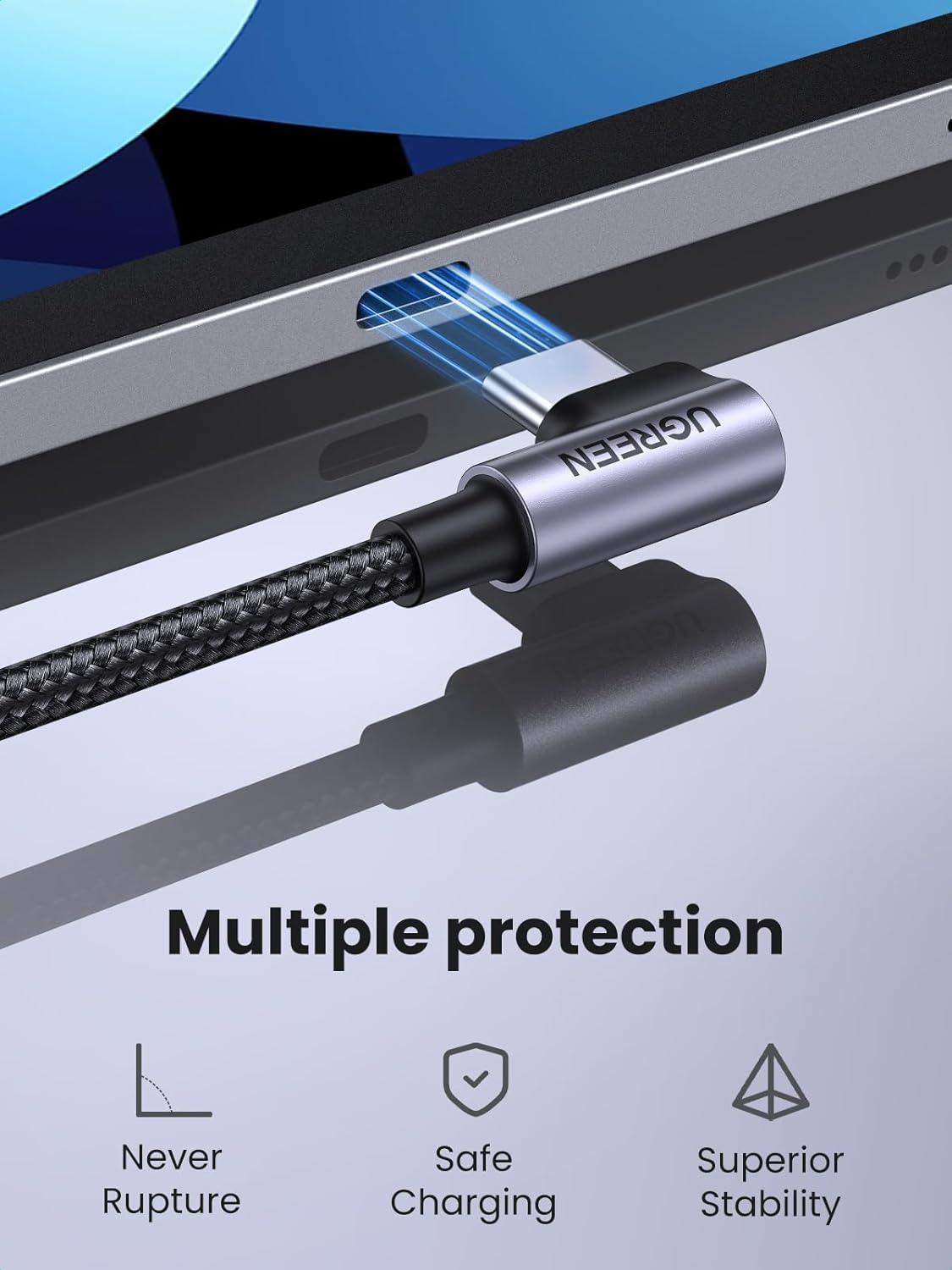 UGREEN US255 Angled USB-C to USB-C Data and Charging Cable, 60W, 3m, Gray