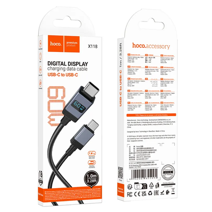 USB-C Data and Charging Cable - USB-C HOCO X118 Display, 60W, 1m, Black