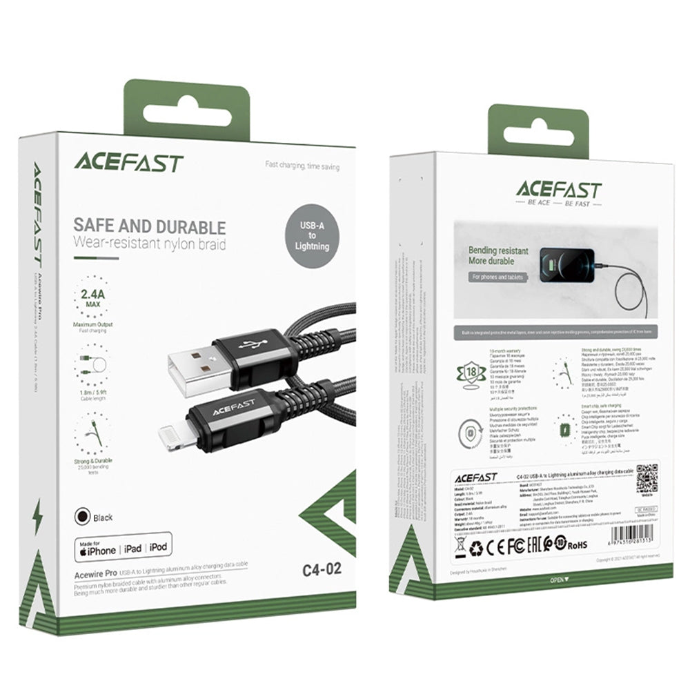 USB-A to Lightning Data and Charging Cable Acefast C4-02, 18W, 1.8m, Black
