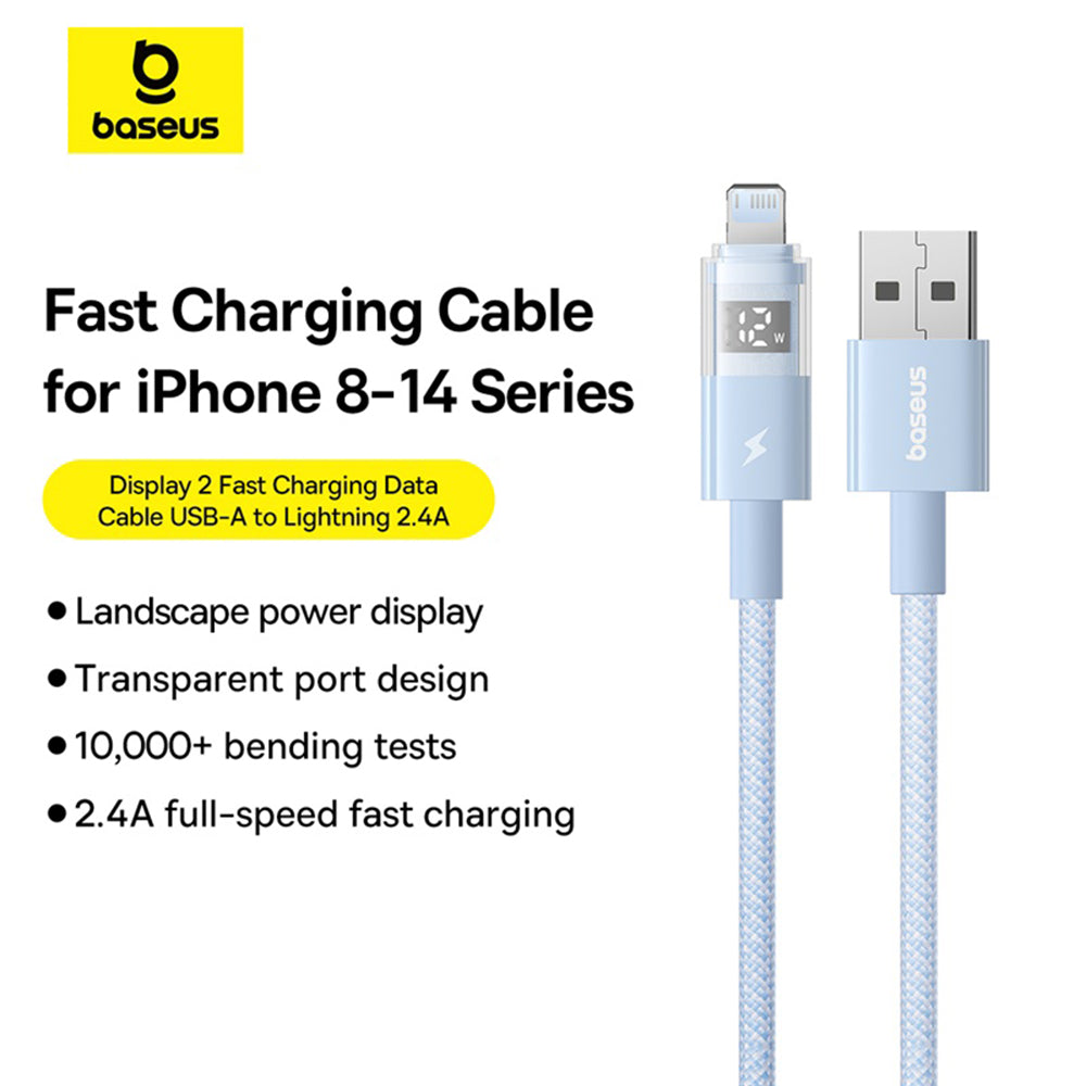 USB-A to Lightning Baseus Display 2 Data and Charging Cable, 12W, 2m, Blue P10382700311-01