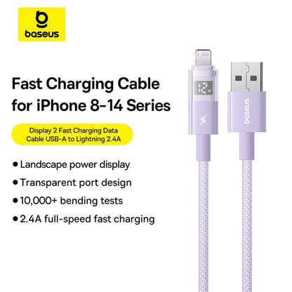 USB-A to Lightning Data and Charging Cable - Baseus Display 2, 12W, 2m, Purple P10382700511-01