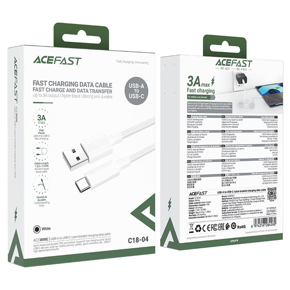 USB-A to USB-C Data and Charging Cable Acefast C18-04, 18W, 1.2m, White