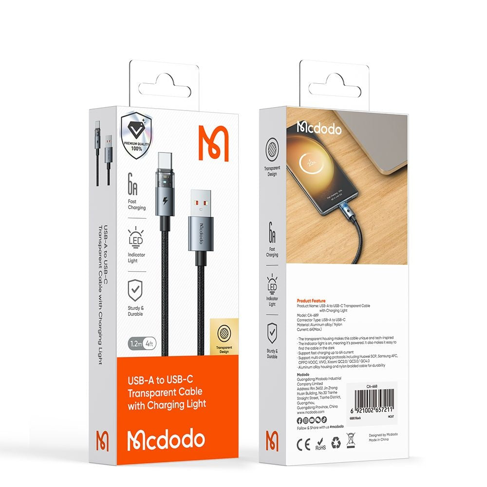 USB-A to USB-C Data and Charging Cable McDodo CA-6890, 66W, 1.2m, Black