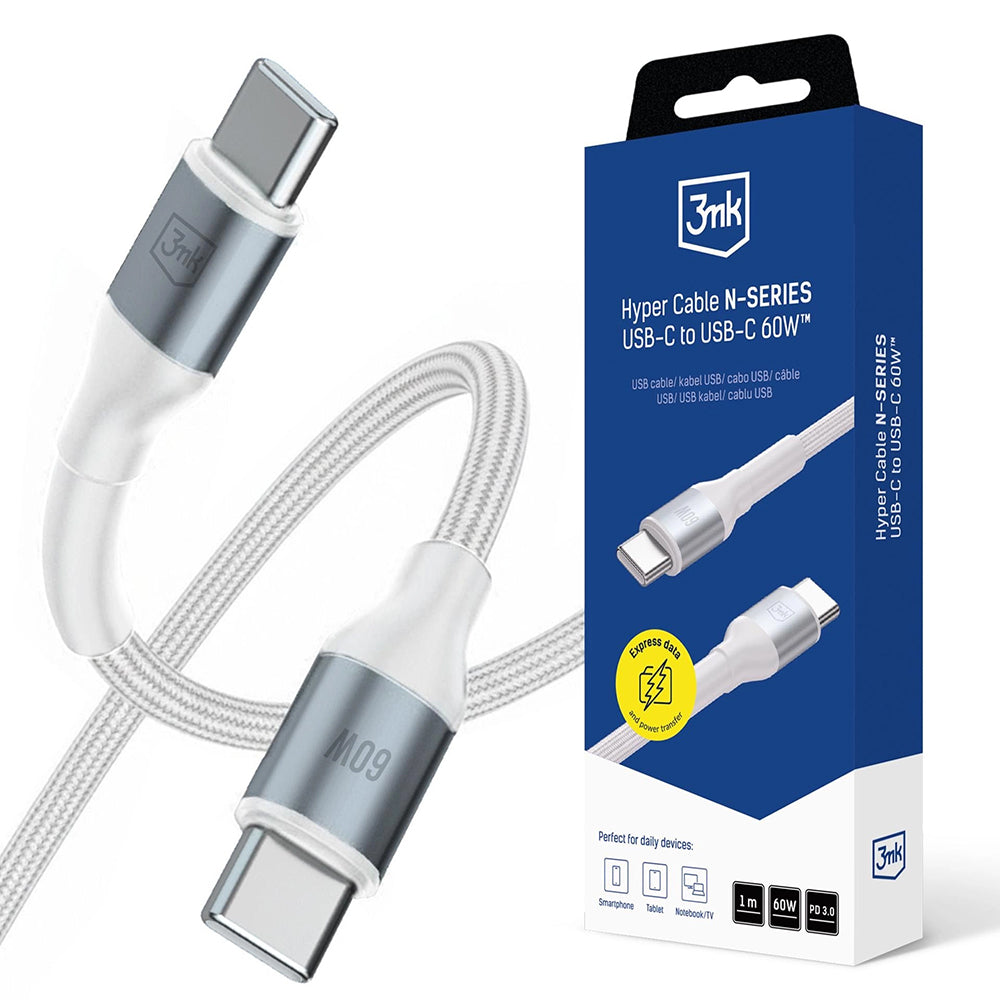 USB-C Data and Charging Cable - USB-C 3MK Hyper N, 60W, 1m, White