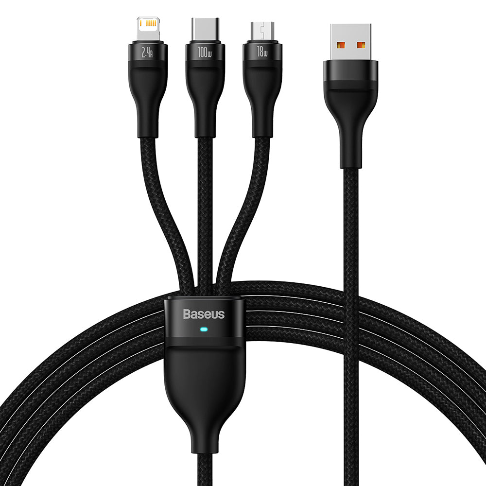 USB-A to Lightning / microUSB / USB-C Baseus Flash Series II 3in1 Charging Cable, 66W, 1.2m, Black CASS040001
