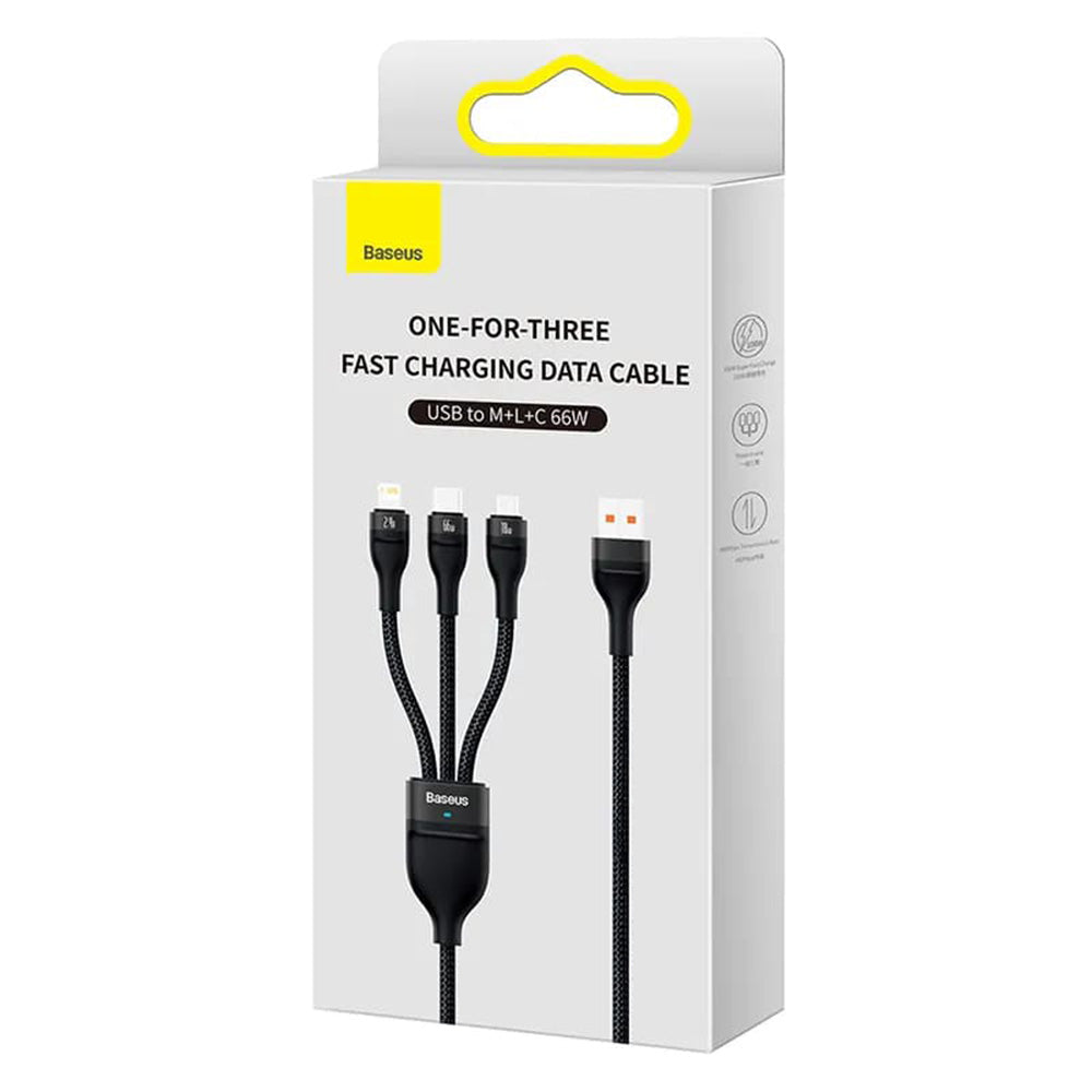 USB-A to Lightning / microUSB / USB-C Baseus Flash Series II 3in1 Charging Cable, 66W, 1.2m, Black CASS040001