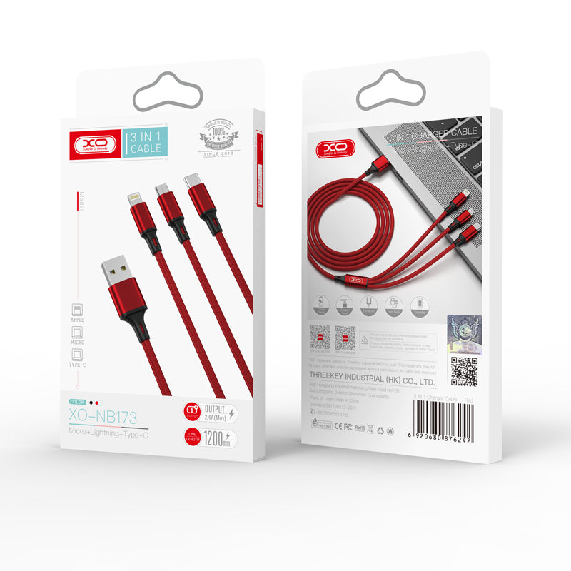 USB-A - Lightning / microUSB / USB-C XO Design NB173 3in1 Charging Cable, 18W, 1.2m, Red