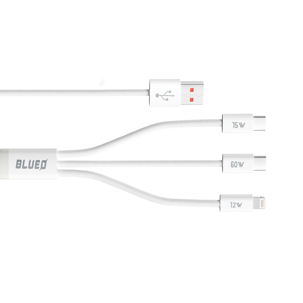 USB-A to Lightning / 2 x USB-C Blueo Charging Cable, 75W, 1.2m, White