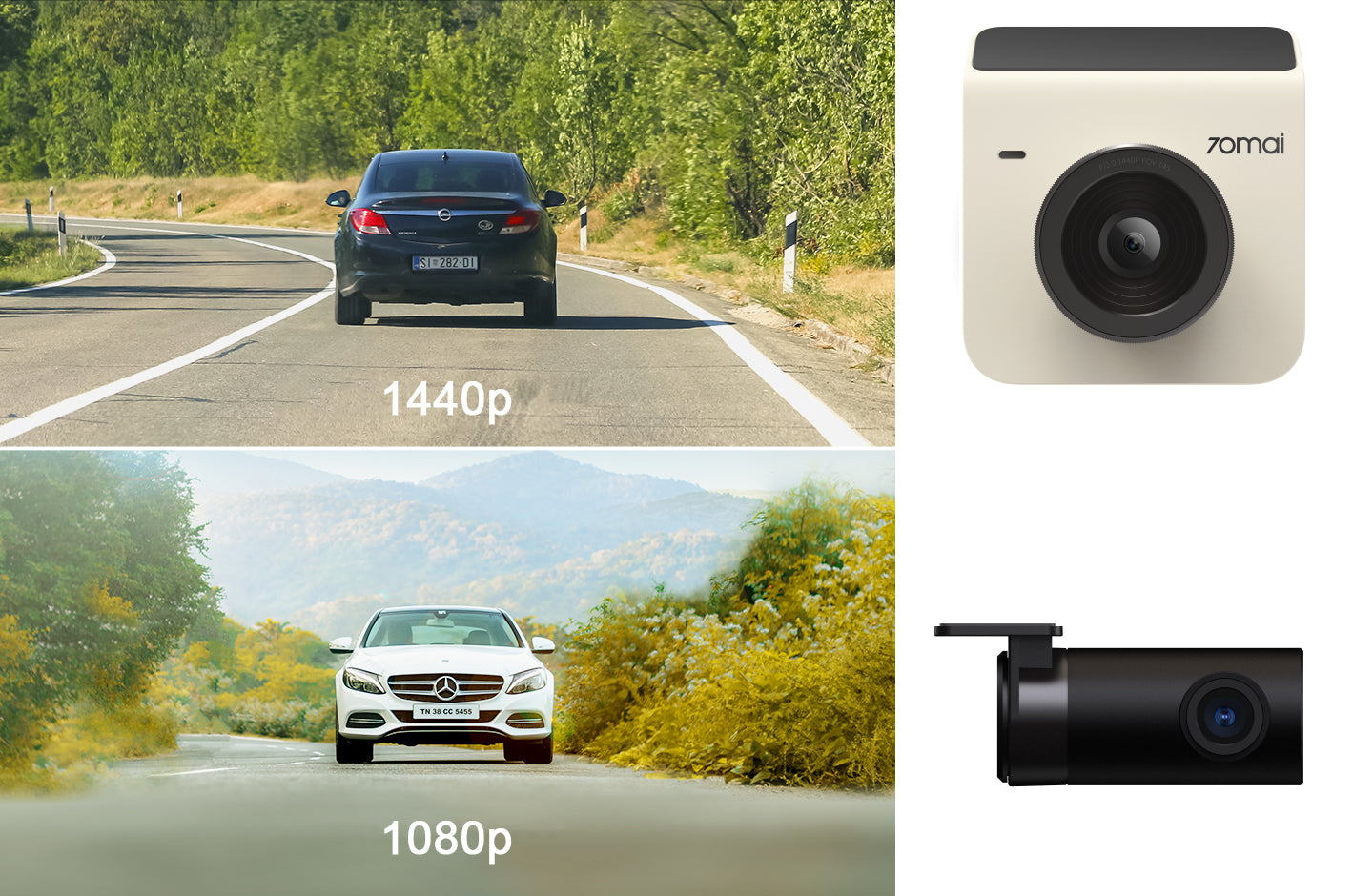 Front Rear Car Camera 70mai Dash Cam A400, 2K, Wi-Fi, 2inch Display, Beige