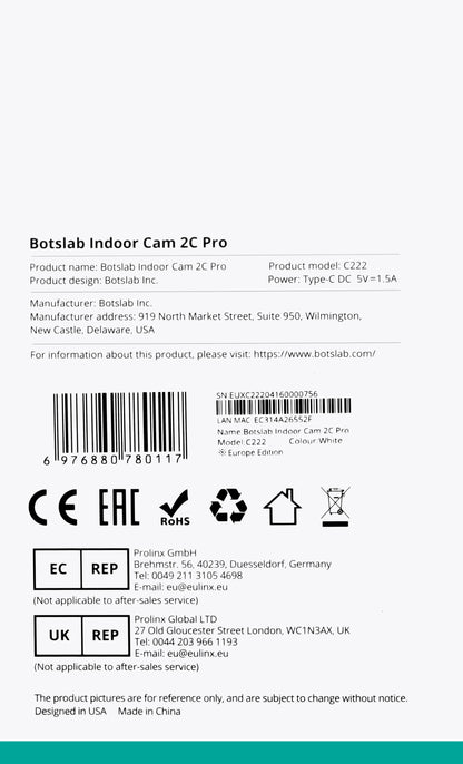 Botslab 2C Pro C222 Surveillance Camera, Wi-Fi, 3K, Indoor