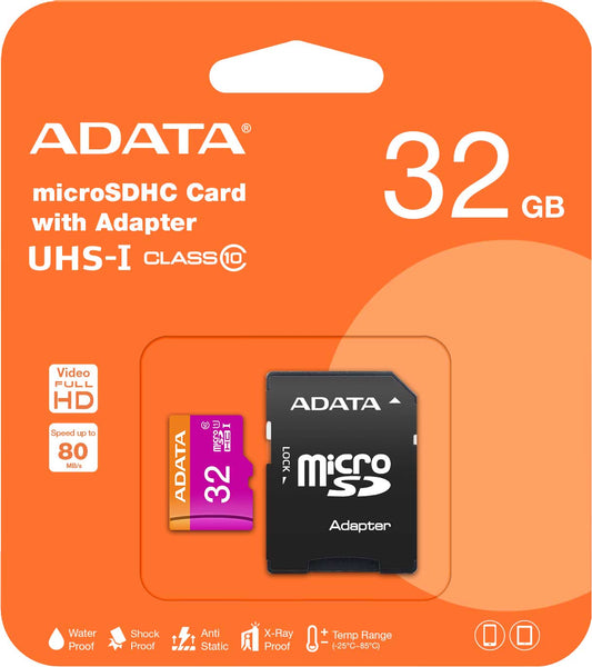 Adata microSDHC Memory Card, 32Gb, Class 10 / UHS-1 U1, With Adapter AUSDH32GUICL10-RA1