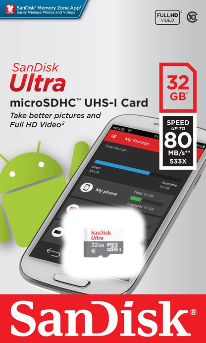 microSDHC SanDisk Ultra Android Memory Card, 32Gb, Class 10 / UHS-1 U1 SDSQUNR-032G-GN3MN