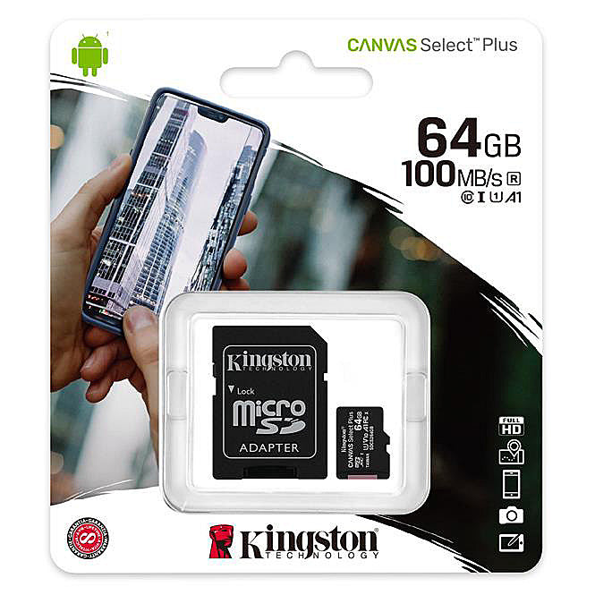 Memory Card microSDXC Kingston Canvas Select Plus Android A1, 64Gb, Class 10 / UHS-1 U1, with Adapter SDCS2/64GB