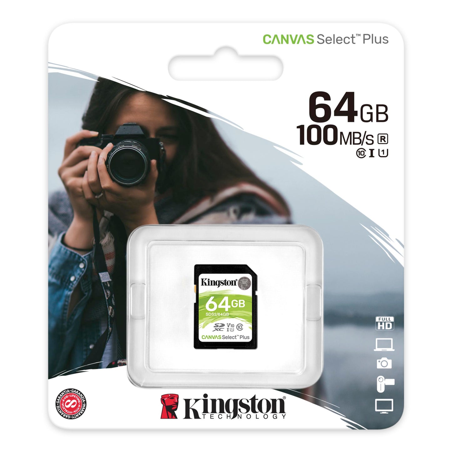 SDXC Memory Card Kingston Canvas Select Plus 100R, 64Gb, Class 10 / UHS-1 U1 SDS2/64GB