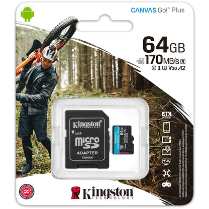 Memory Card microSDXC Kingston Canvas Go Plus, 64Gb, Class 10 / UHS-1 U3, with Adapter SDCG3/64GB